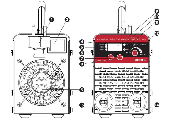 ROOKS OK-03.0022 RADDRIZZATORE INVERTER CON START START 12V / 24V - 80A - 600A - 800 AH, LCD, CAVI 2,1 M