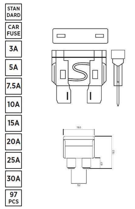 ROOKS OK-03.1005 SET FUSIBILI STANDARD (ATO), 97 PZ: 3A, 5A, 7,5A, 10A, 15A, 20A, 25A, 30A