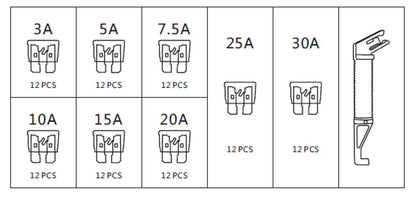 ROOKS OK-03.1005 SET FUSIBILI STANDARD (ATO), 97 PZ: 3A, 5A, 7,5A, 10A, 15A, 20A, 25A, 30A