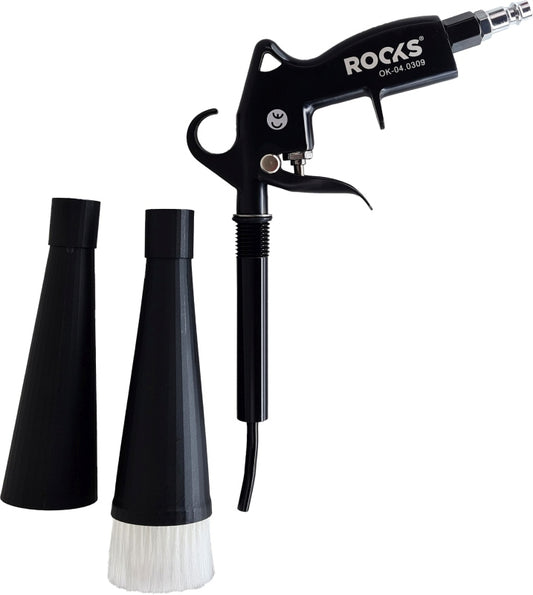 ROOKS OK-04.0309 PISTOLA DI SOFFIAGGIO TORNADO DUO-TURBO, PISTOLA PER PULIZIA TAPPEZZERIA CON CUSCINETTO E SPAZZOLA